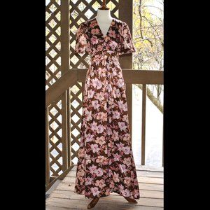 Vintage Floral Print Maxi Dress Retro Mod Empire Waist Dress 60s 70s
